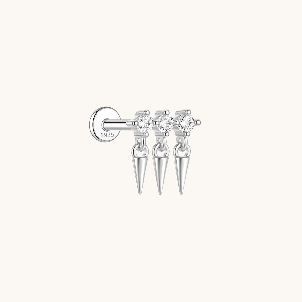 Gold-plated 925 sterling silver Triple Spike CZ Flatback Earring Silver